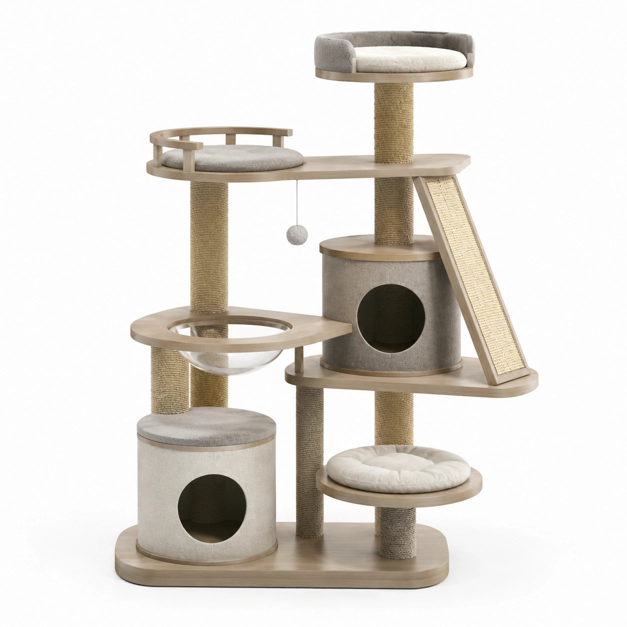 Katzenkratzbaum aus MDF mit Sisalstützen und Plüschkissen, Beige/Grau, 120cm hoch