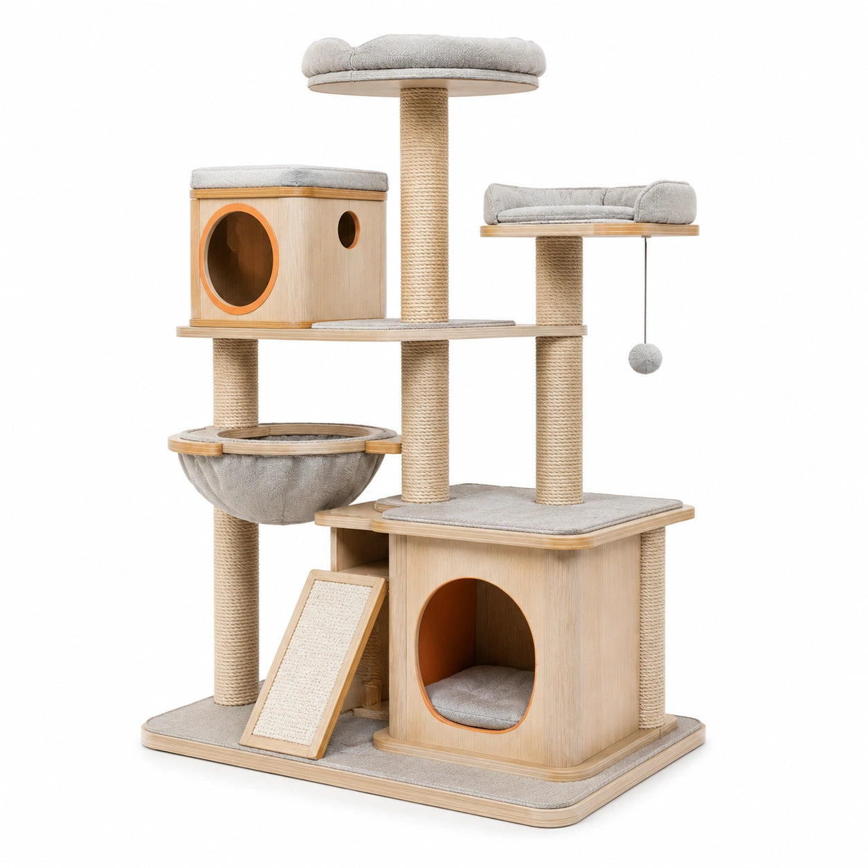 Mehrstufiger Katzenbaum aus Holz und Sisal, Beige, 120 cm