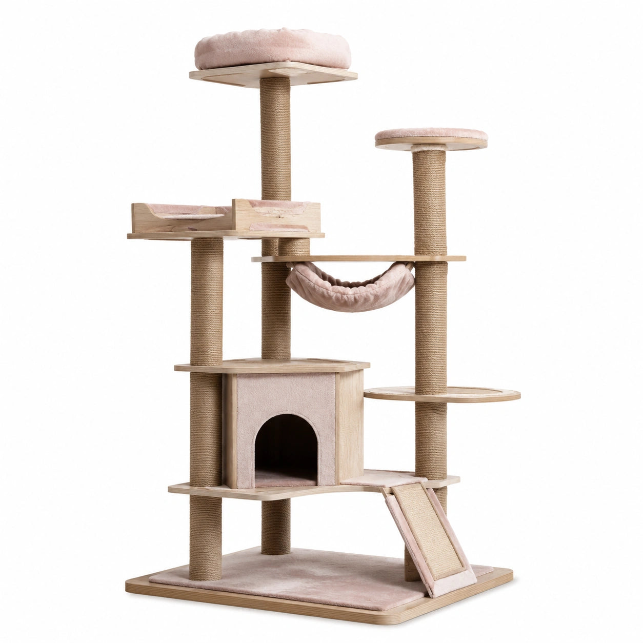 Katzenbaum mit Höhle und Hängematte, MDF-Holz und Sisal, Rosa, 140x60x50 cm