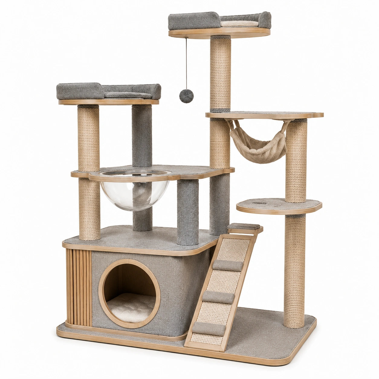 Holz Katzenbaum mit Glas und Sisal, Grau und Beige, 150 cm