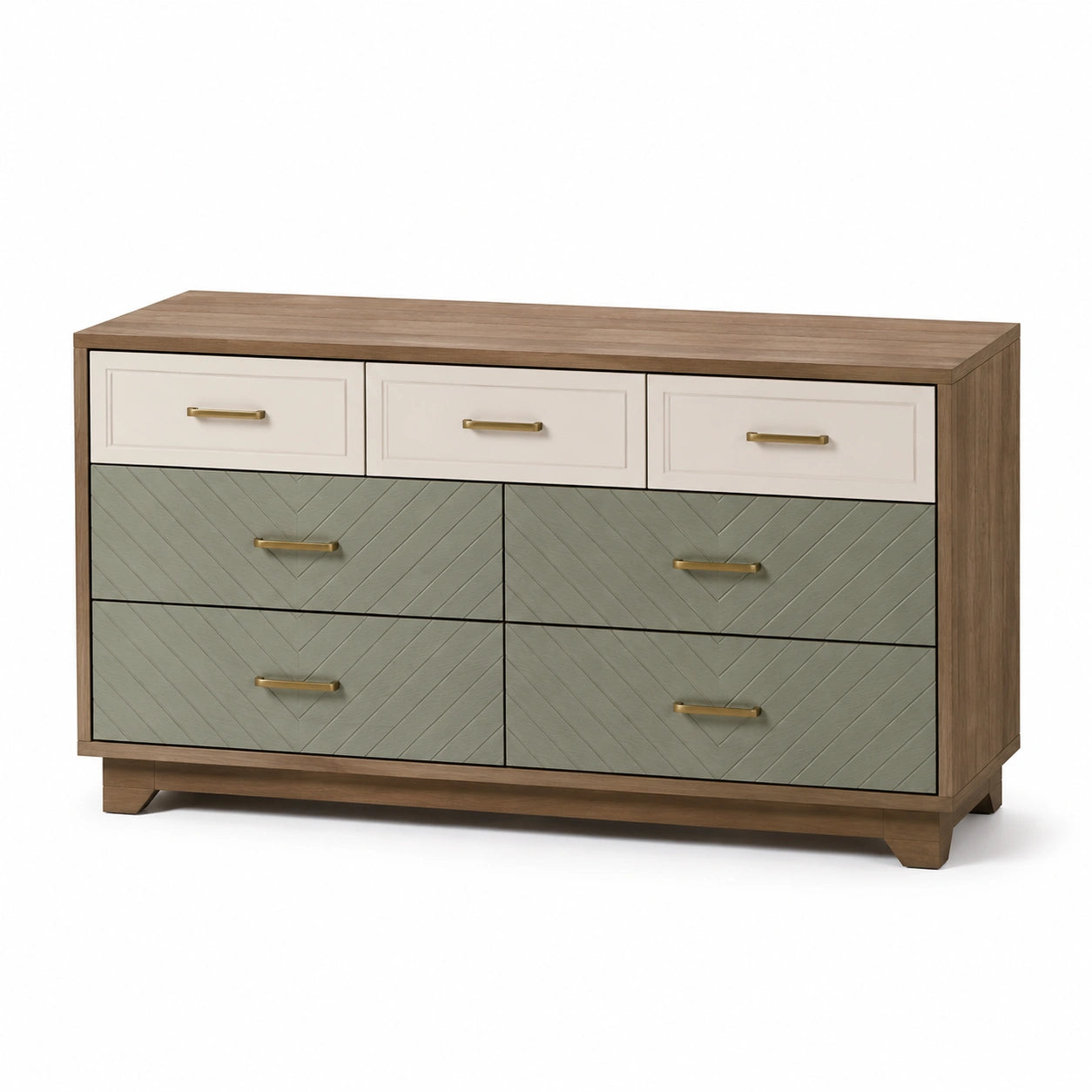 Kommode mit 6 Schubladen aus Holz, Creme und Grün, 120cm Breit
