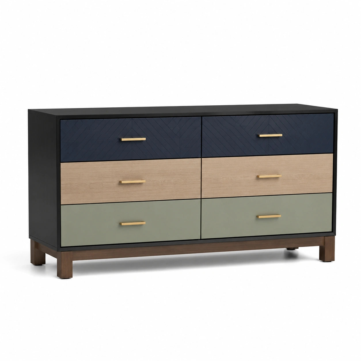 Kommode mit 6 Schubladen aus Holz und Metall, Blau, Beige, Grün
