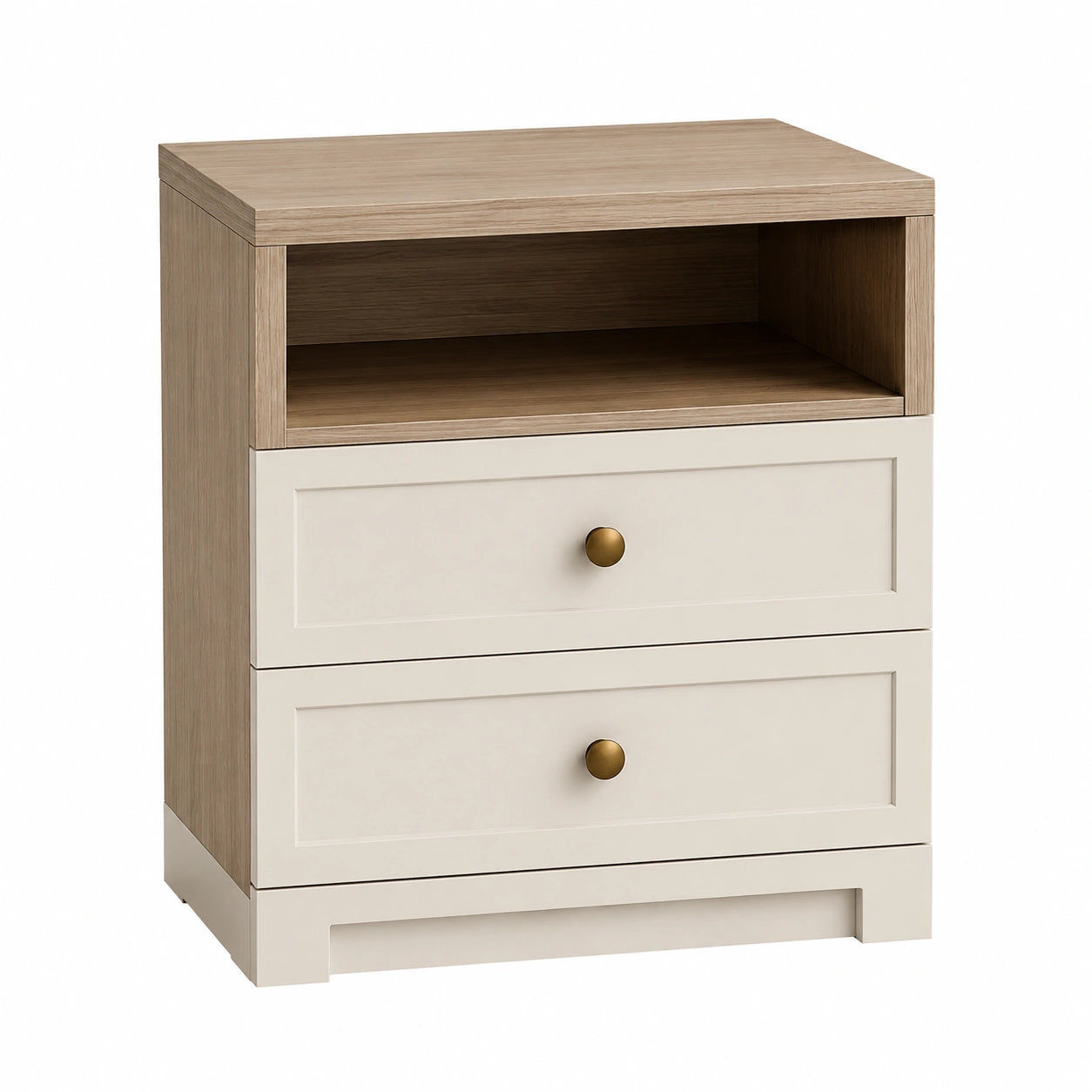 Nachttisch aus Holz mit offenem Fach und 2 Schubladen, Natur/Beige