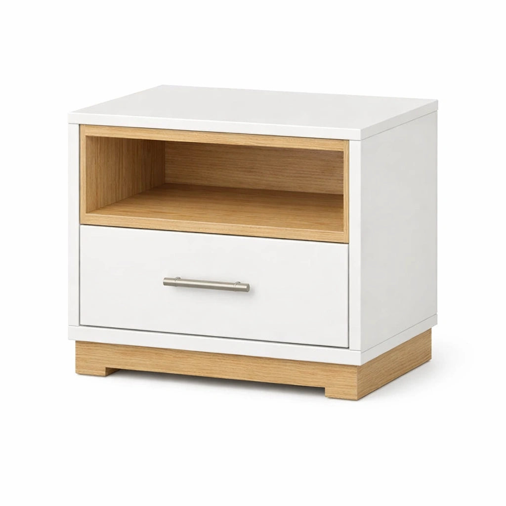 Nachttisch aus MDF mit Eichenfurnier und Metallgriff in Weiß und Naturholz