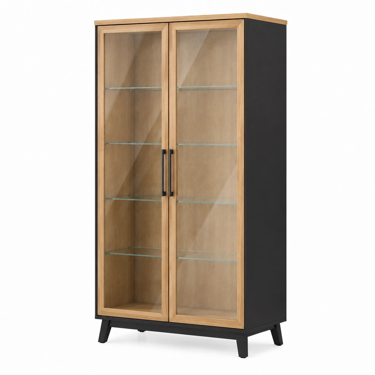 Schwarze Vitrine aus Eichenholz und gehärtetem Glas mit Metallrahmen, 180 cm