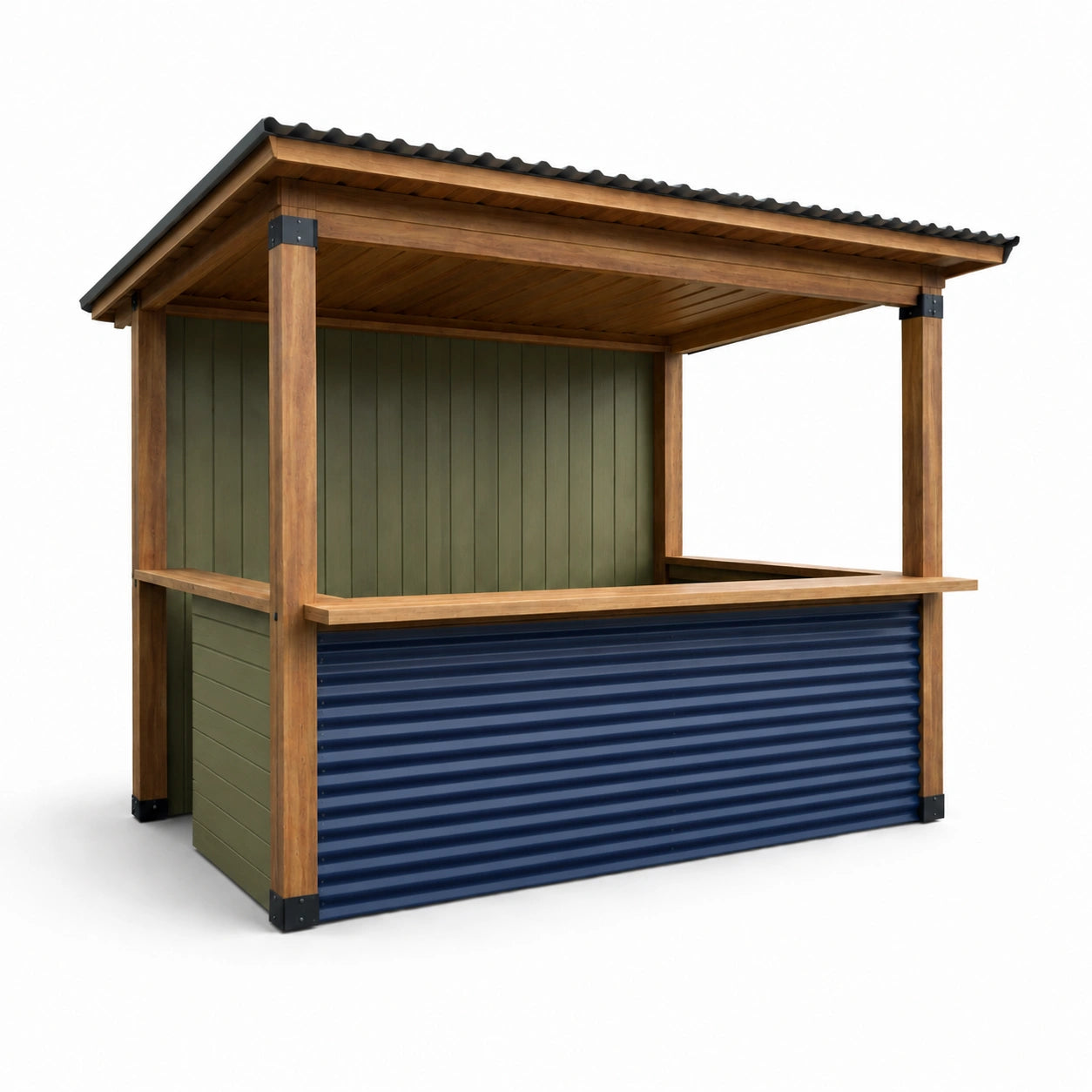 Holzmarktstand mit Wellblechdach 200x100x240cm Braun/Grün/Blau