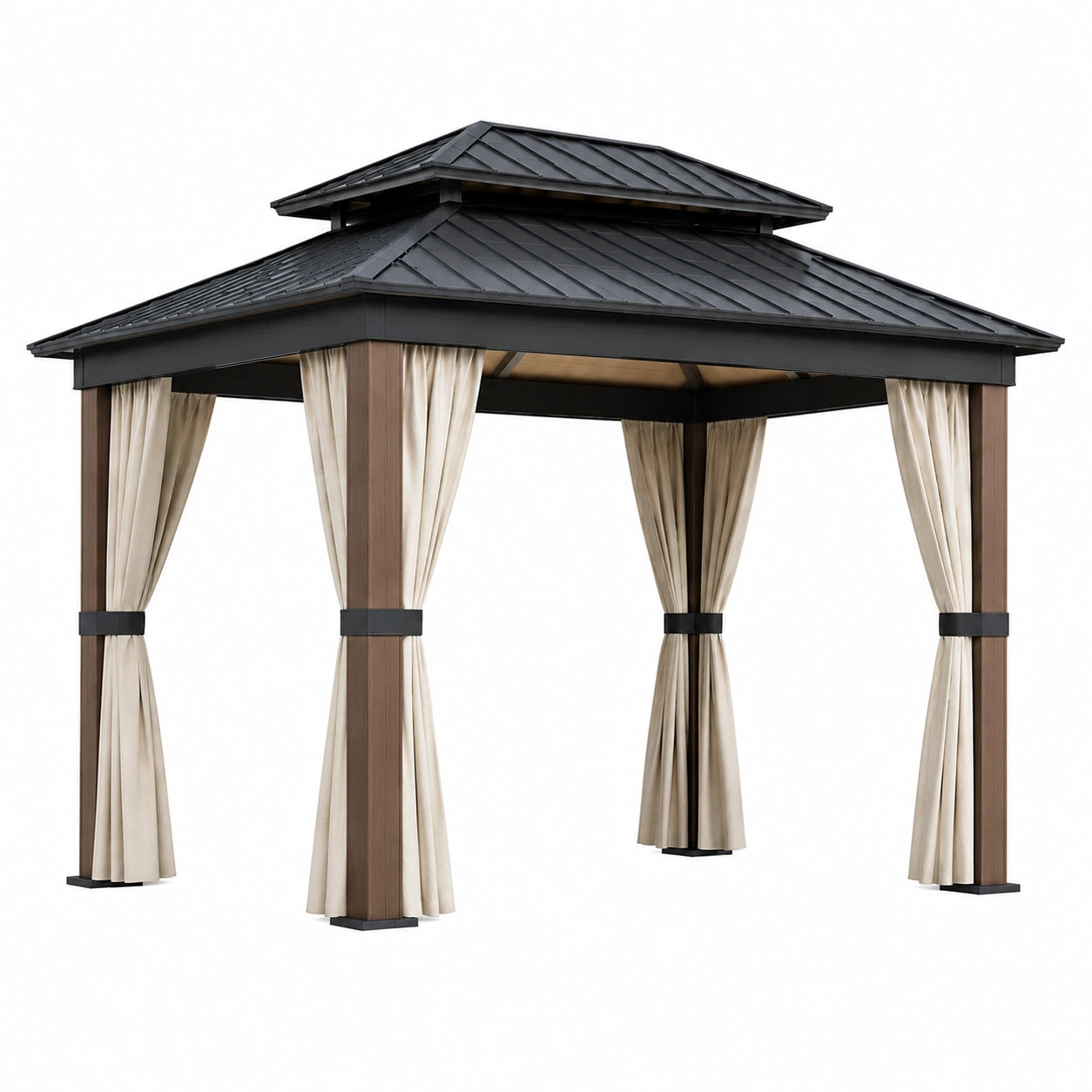 Metall Pavillon mit Vorhängen, Schwarz und Beige, 300x400 cm