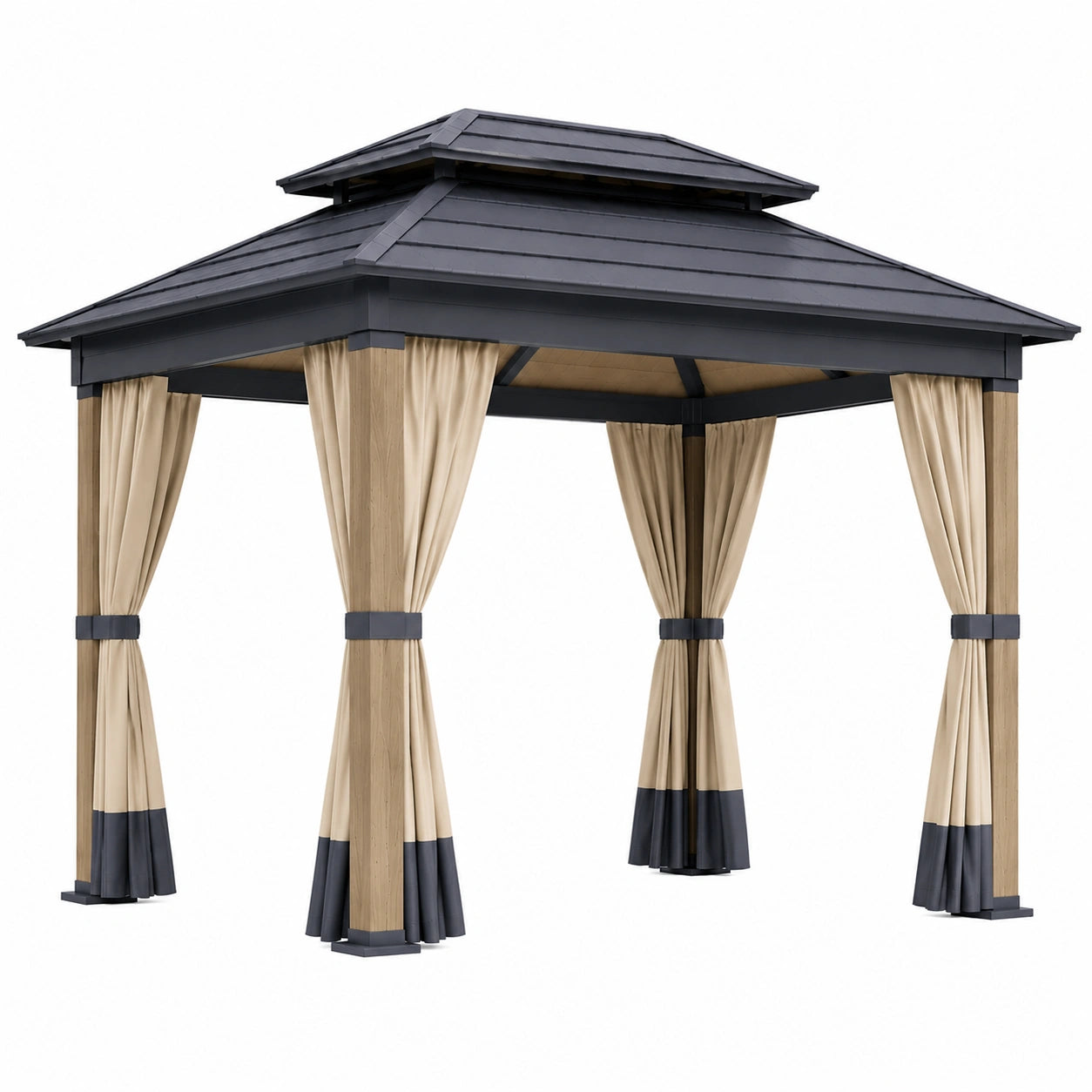 Holzpavillon mit Aluminiumdach und Polyester-Vorhängen 300x400cm Beige/Schwarz