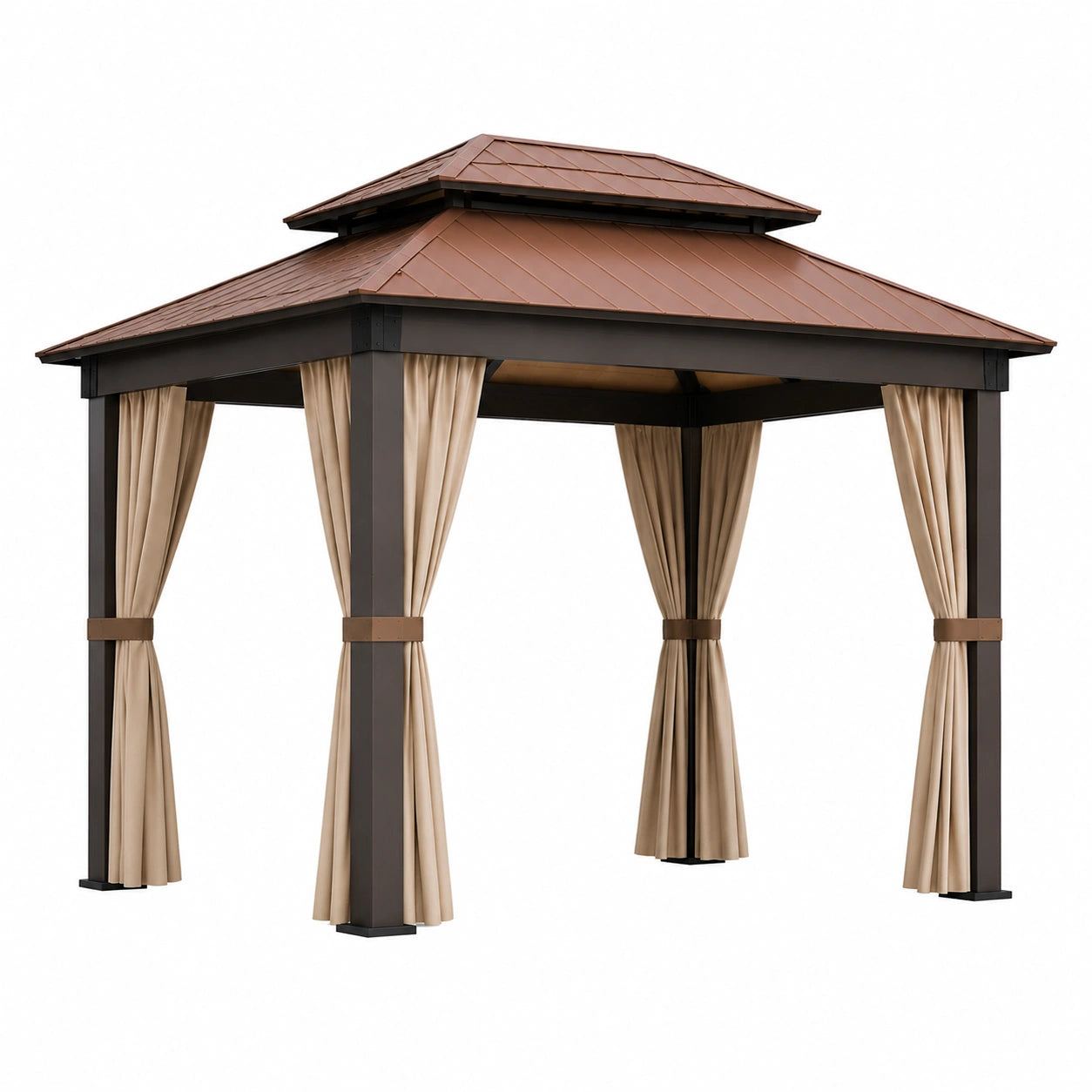 Gartenpavillon Stahlrahmen Polyester Vorhänge Braunes Dach 300x300x260cm