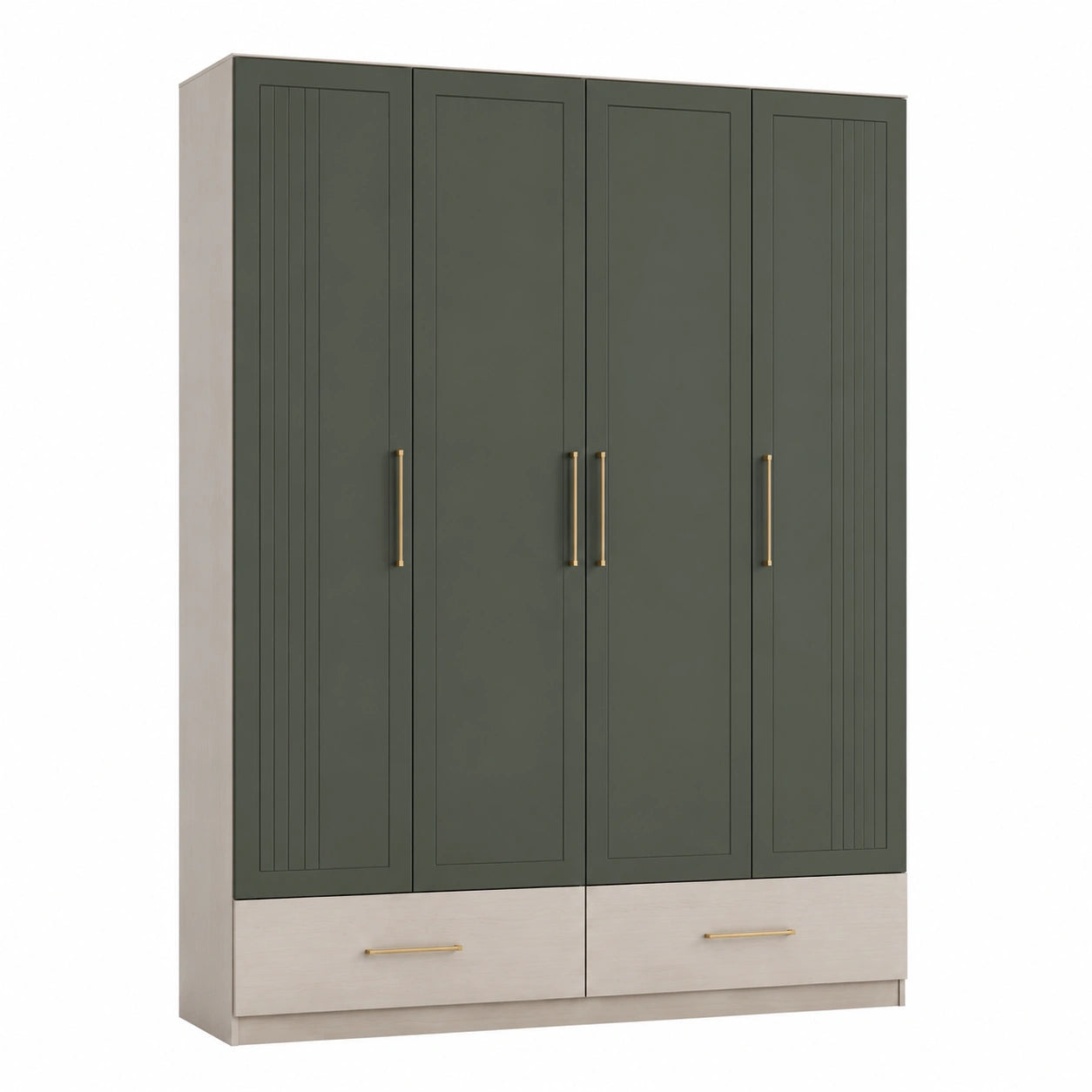 Kleiderschrank mit 4 Türen aus MDF und Metall, Olivgrün und Beige
