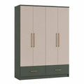 Holz Kleiderschrank mit Vier Türen und Zwei Schubladen Beige/Grau 200x160x60cm