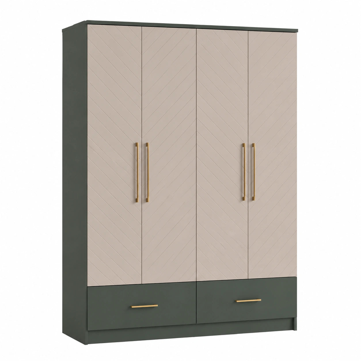 Holz Kleiderschrank mit Vier Türen und Zwei Schubladen Beige/Grau 200x160x60cm