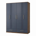 Drehtürenschrank mit Schubladen, MDF und Holzfurnier, Dunkelblau, 200 cm Höhe