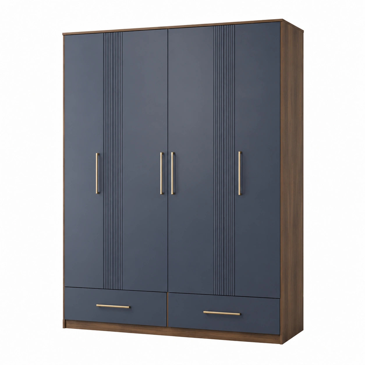 Drehtürenschrank mit Schubladen, MDF und Holzfurnier, Dunkelblau, 200 cm Höhe